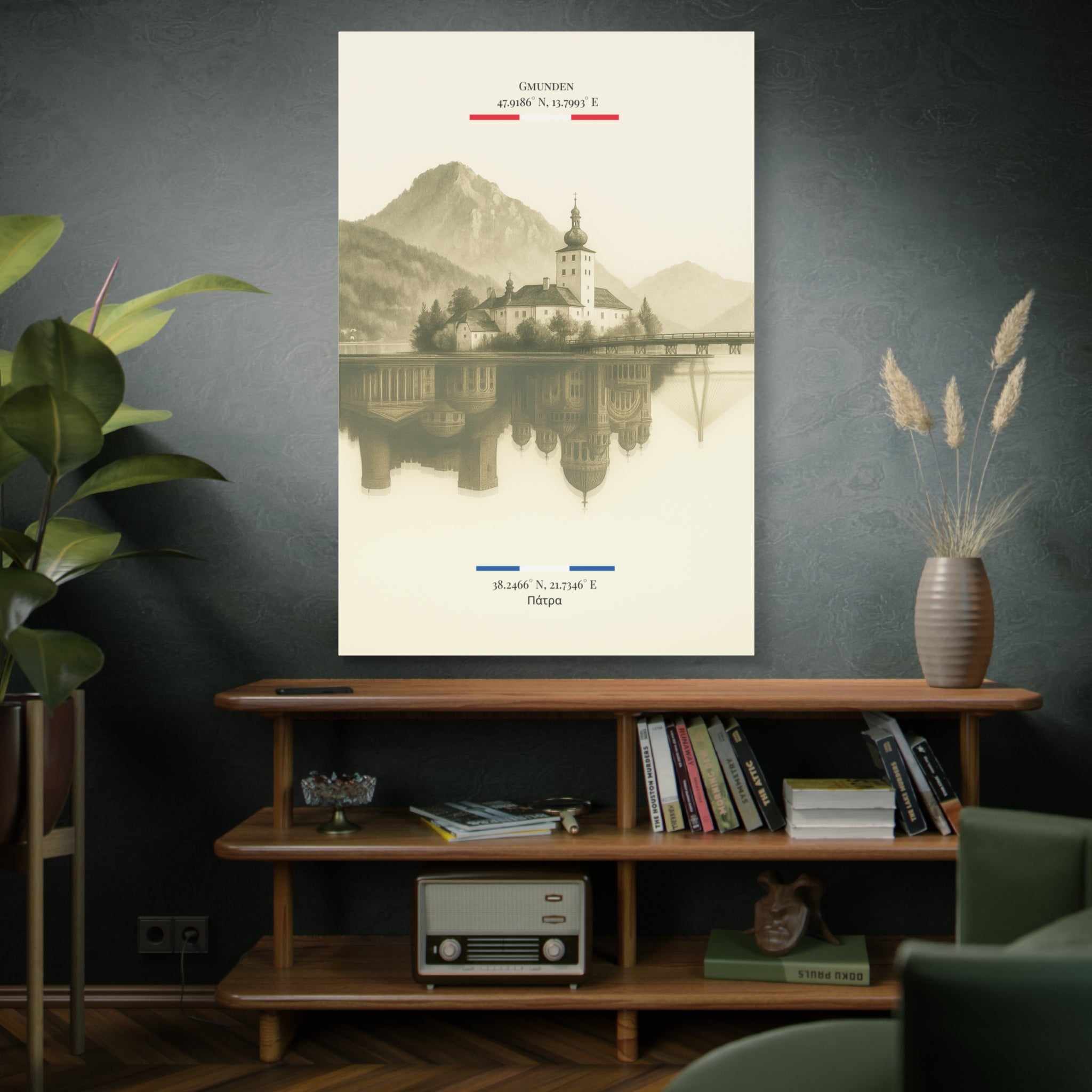 Vintage Sepia Gmunden Patrai – Fine-Art Illustration | Heimatstadt Collection | Vertical Wall Art