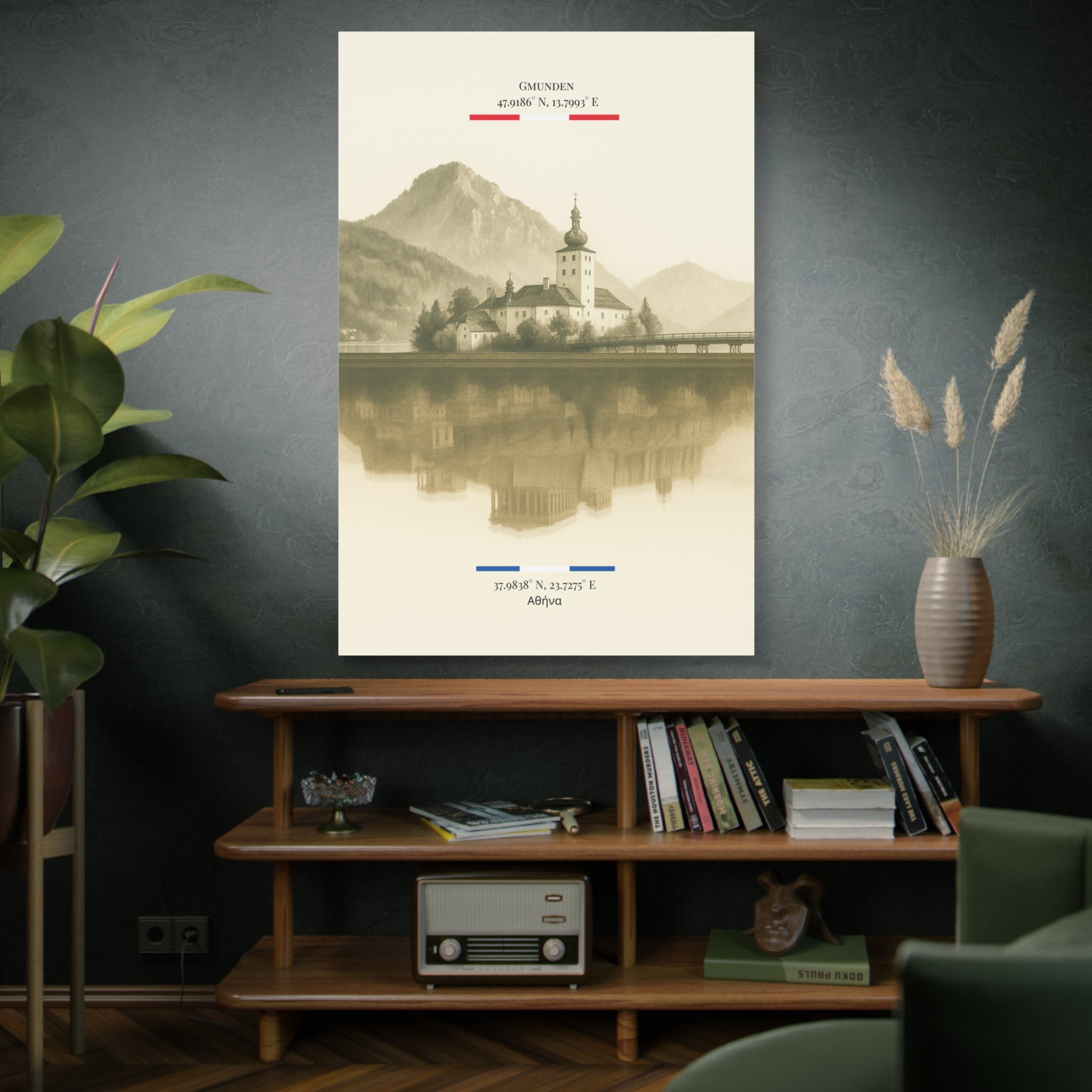 Vintage Sepia Gmunden Athens – Fine-Art Illustration | Heimatstadt Collection | Vertical Wall Art