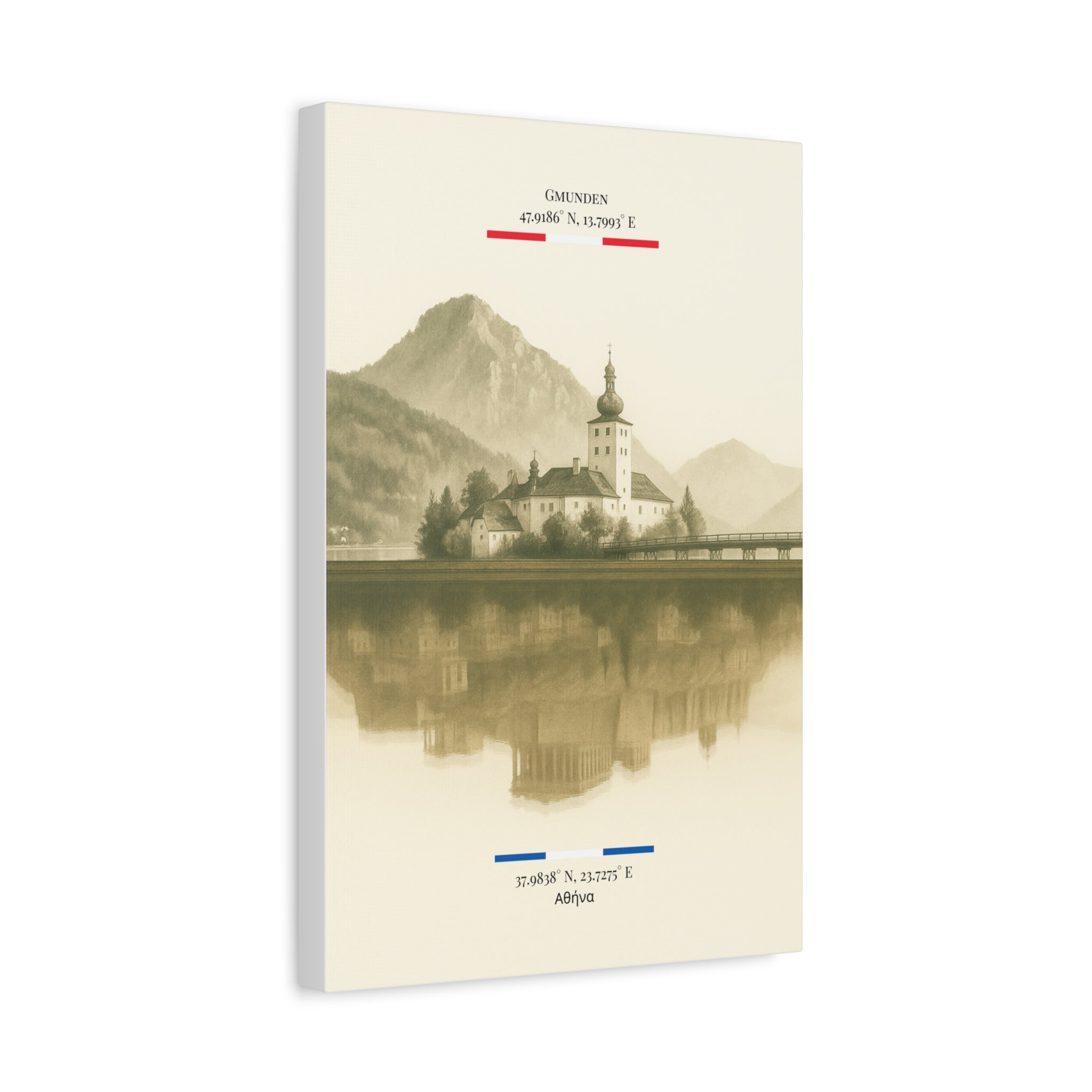 Vintage Sepia Gmunden Athens – Fine-Art Illustration | Heimatstadt Collection | Vertical Wall Art
