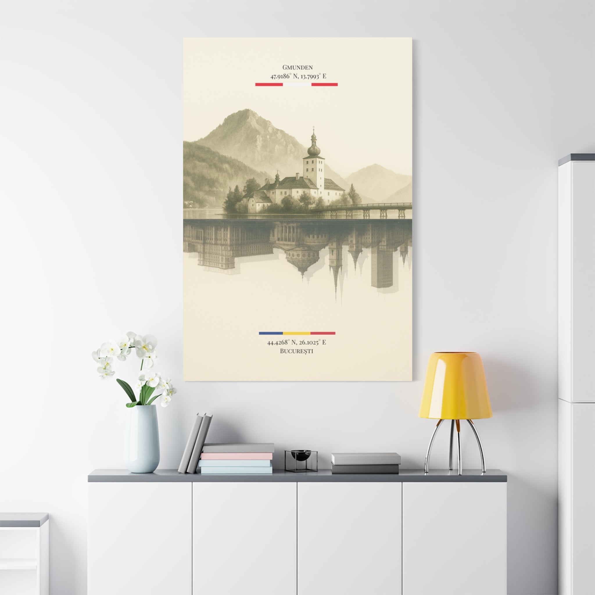 Vintage Sepia Gmunden Bukarest – Fine-Art Illustration | Heimatstadt Collection | Vertical Wall Art
