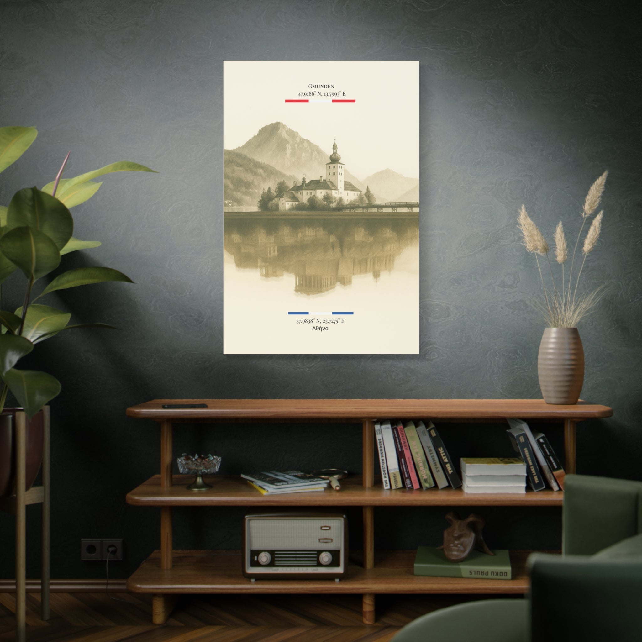 Vintage Sepia Gmunden Athens – Fine-Art Illustration | Heimatstadt Collection | Vertical Wall Art