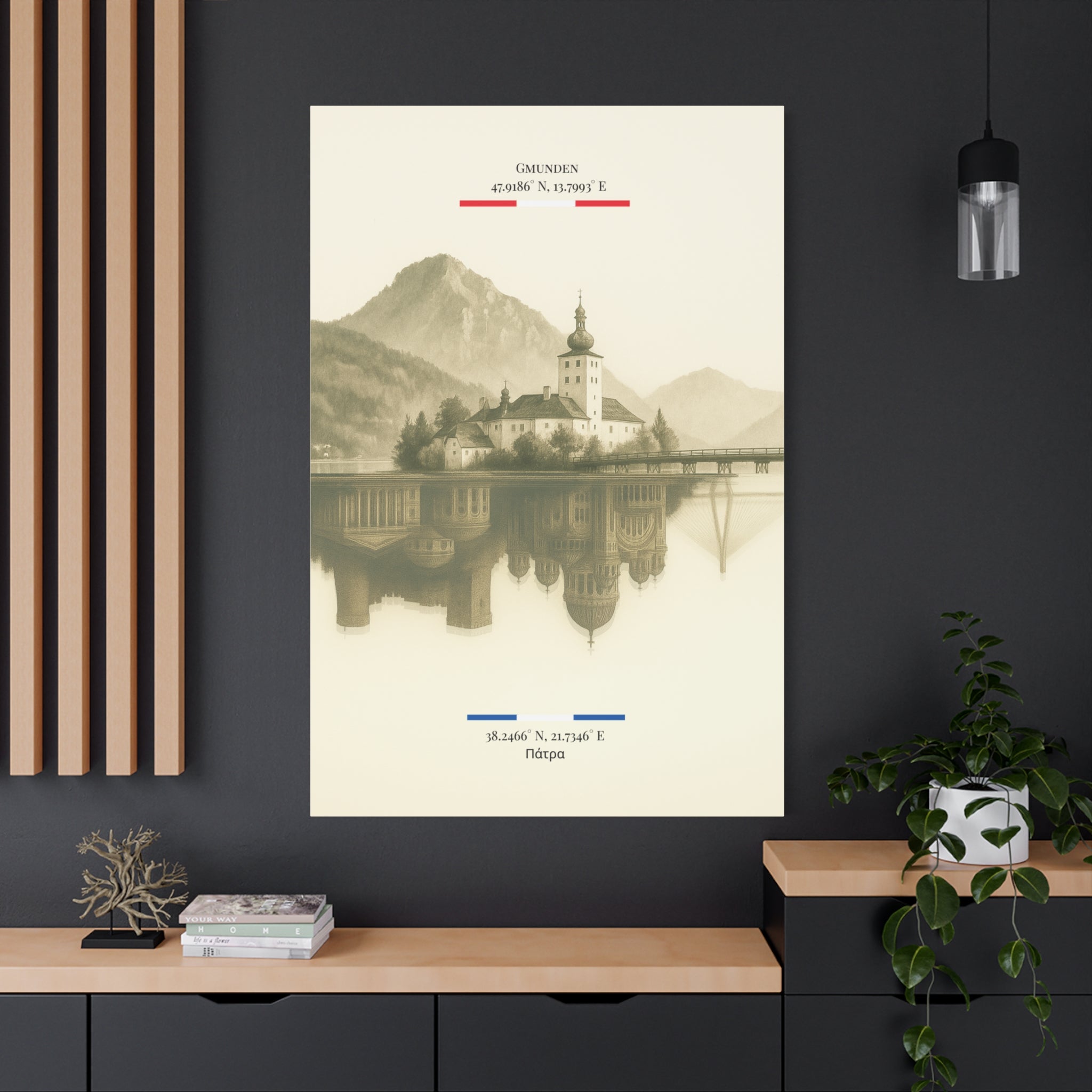 Vintage Sepia Gmunden Patrai – Fine-Art Illustration | Heimatstadt Collection | Vertical Wall Art