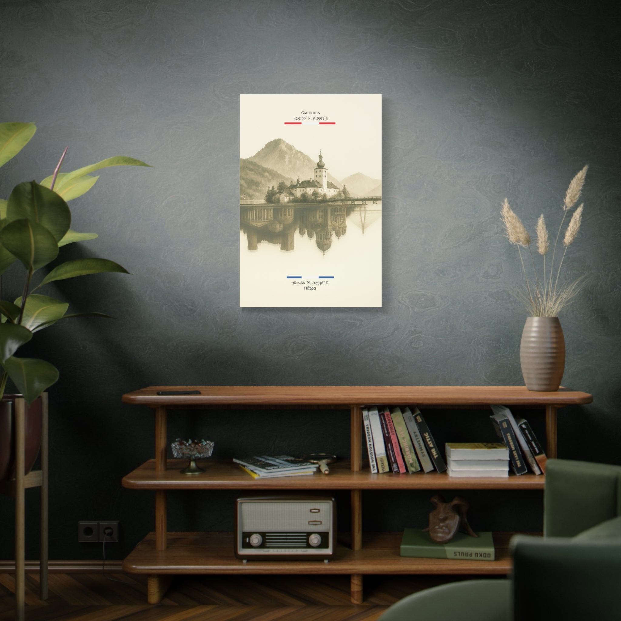 Vintage Sepia Gmunden Patrai – Fine-Art Illustration | Heimatstadt Collection | Vertical Wall Art