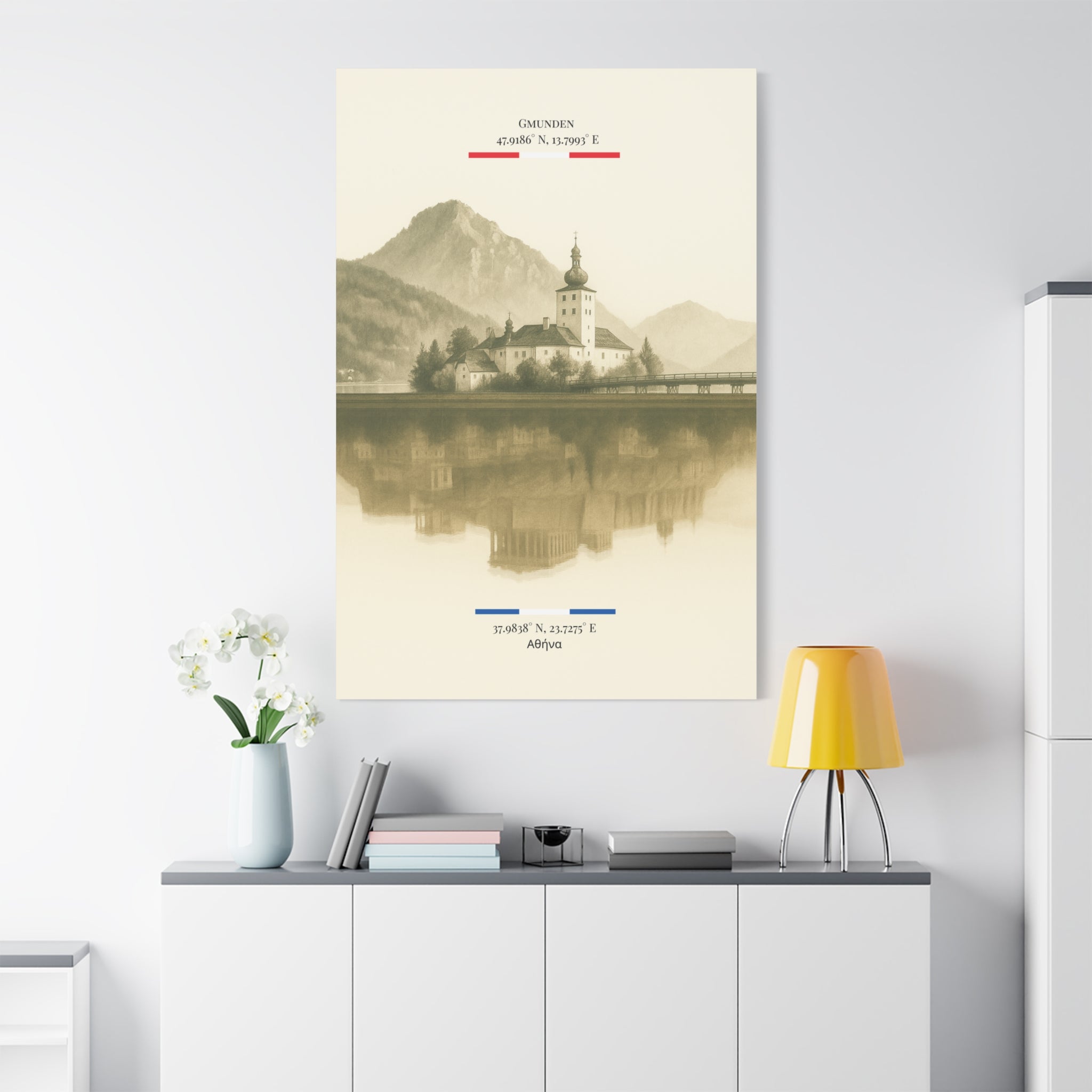 Vintage Sepia Gmunden Athens – Fine-Art Illustration | Heimatstadt Collection | Vertical Wall Art