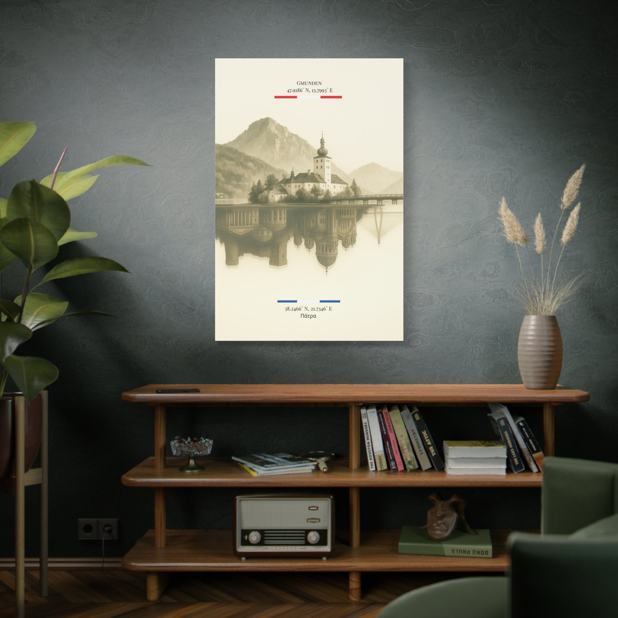 Vintage Sepia Gmunden Patrai – Fine-Art Illustration | Heimatstadt Collection | Vertical Wall Art