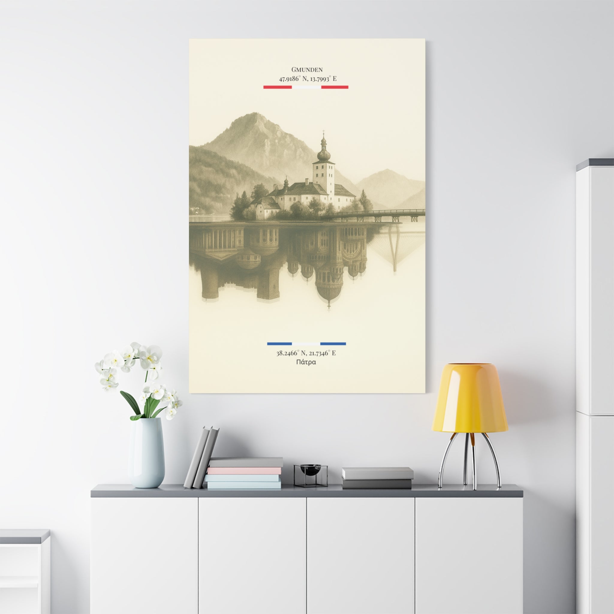 Vintage Sepia Gmunden Patrai – Fine-Art Illustration | Heimatstadt Collection | Vertical Wall Art