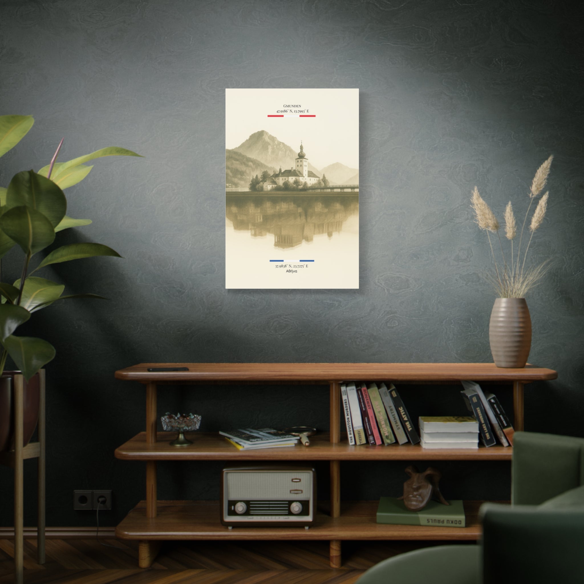 Vintage Sepia Gmunden Athens – Fine-Art Illustration | Heimatstadt Collection | Vertical Wall Art